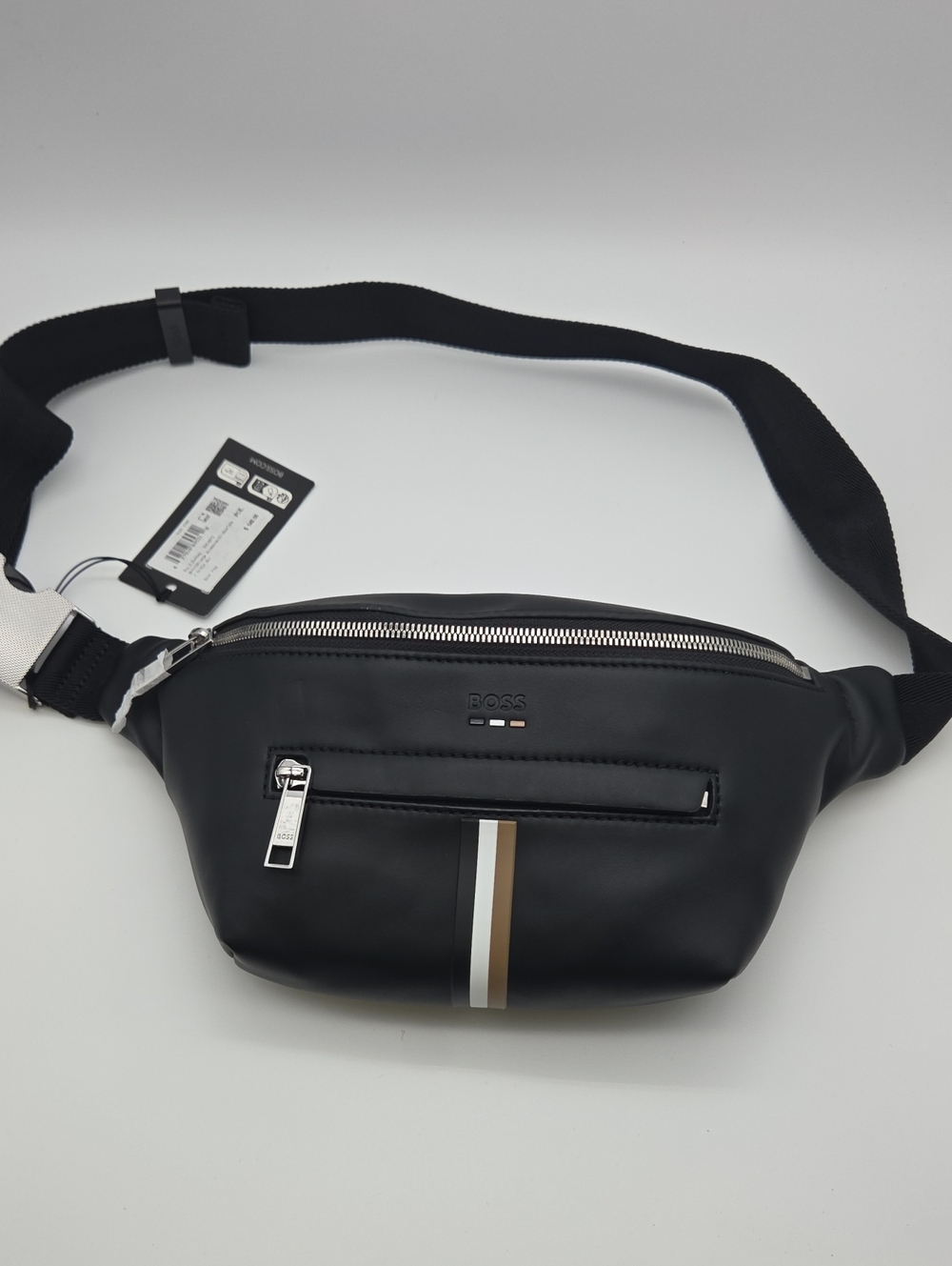 BOSS Black Leather Belt Bag with Tricolor Stripe
